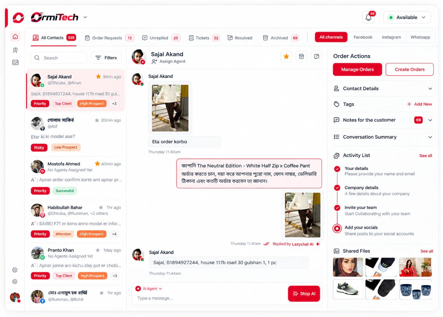 OrmiTech dashboard with contact list, an AI-assisted customer conversation and order actions